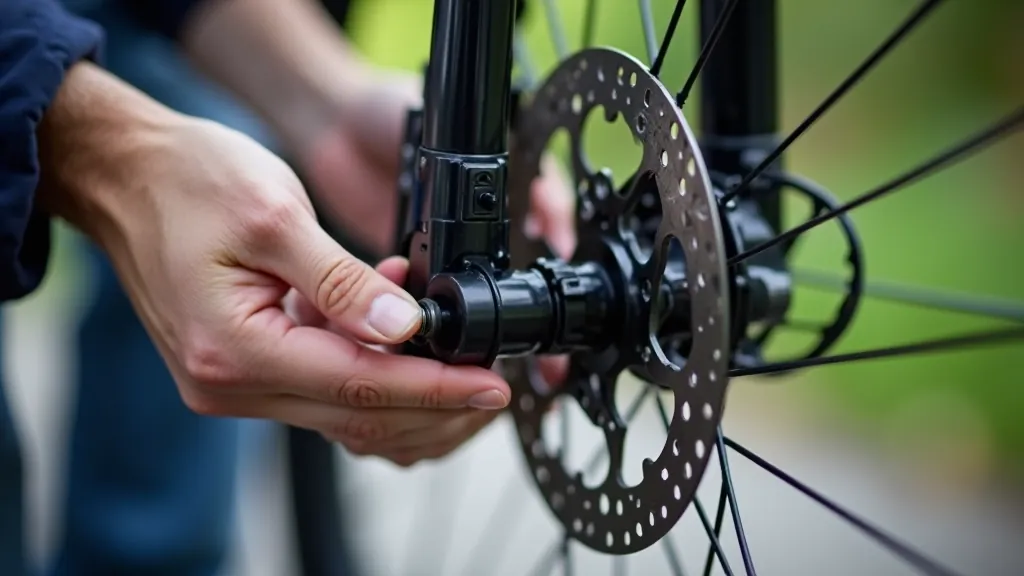 Bicycle brake system close-up showing brake pads and rotor with person checking wear indicators