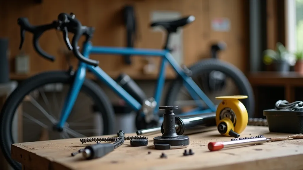 Bicycle maintenance tools and parts laid out on workbench with bike in background