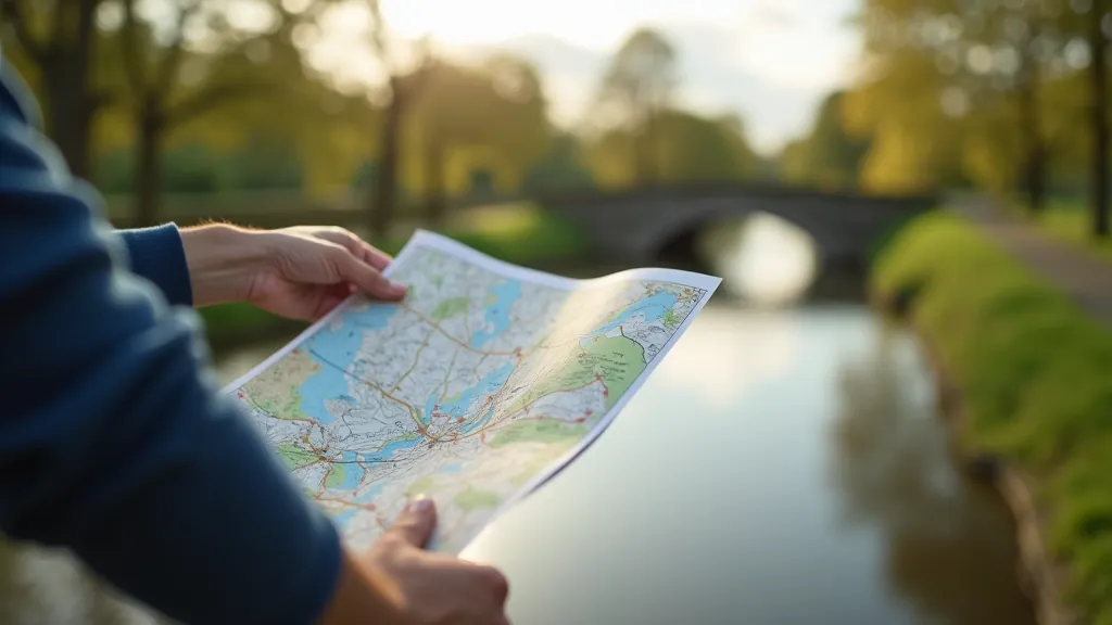 Cyclist holding paper map while standing near bike on towpath
