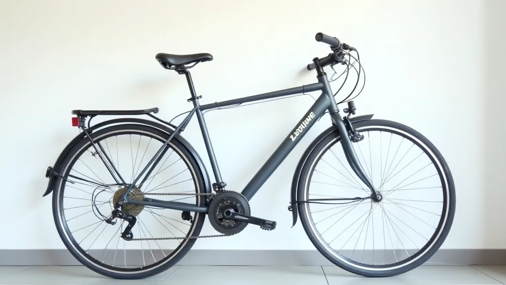 Hybrid bicycle with comfortable upright frame and wide saddle displayed in bike shop setting