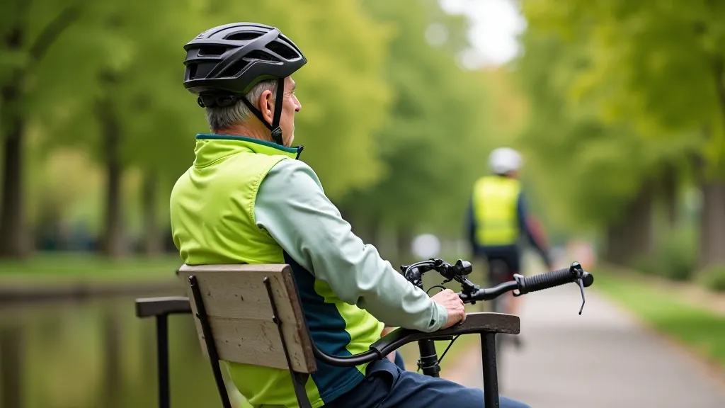 Older cyclist wearing safety helmet and bright clothing on towpath