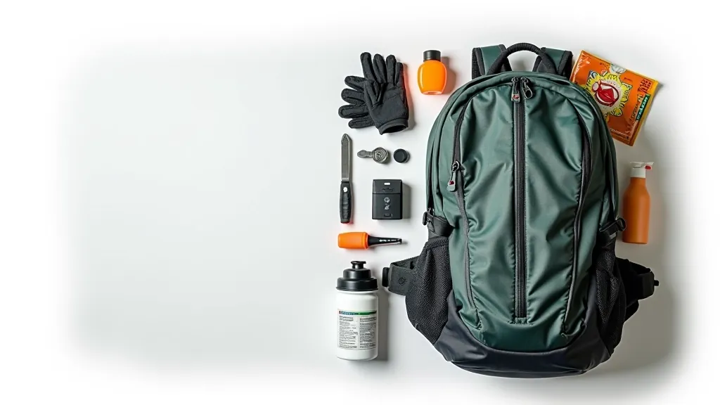 Organized cycling backpack with water bottle, snacks, map, and cycling essentials laid out