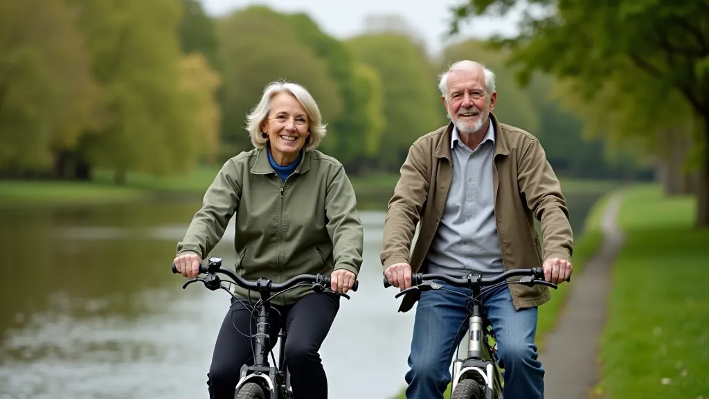 Senior cyclists enjoying a peaceful moment on the canal towpath