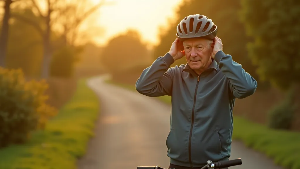 Cyclist adjusting safety helmet while standing beside bike on towpath