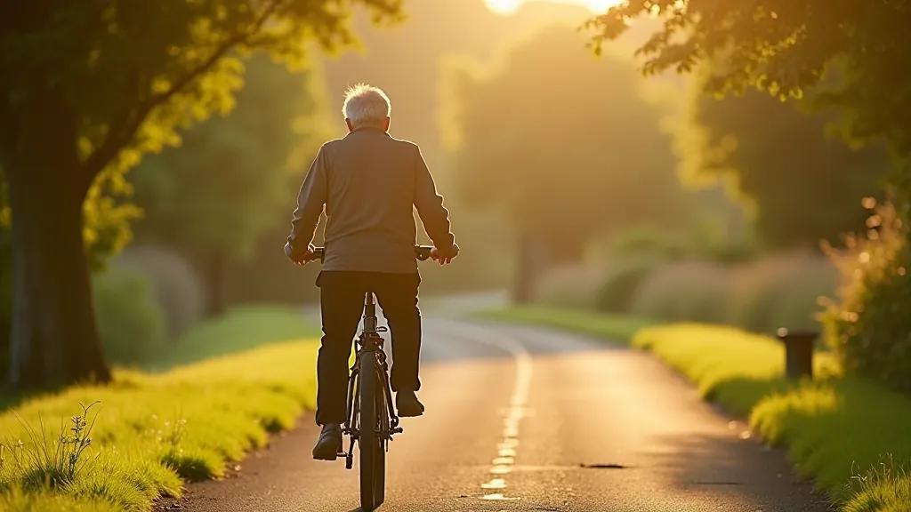 Older cyclist riding on flat canal towpath with green trees in background