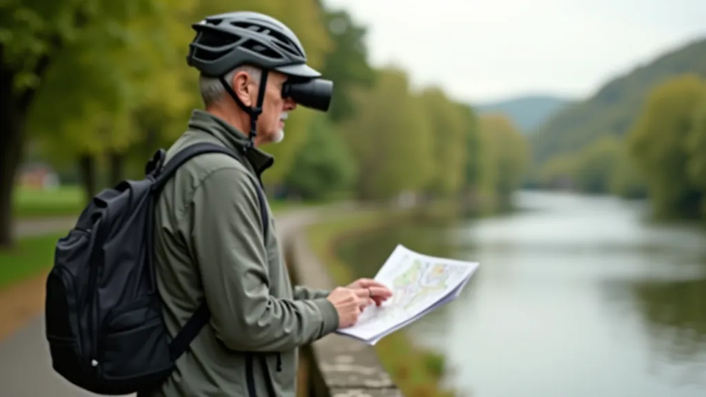Senior cyclist stopping at scenic canal viewpoint with binoculars and trail map, peaceful water and trees behind