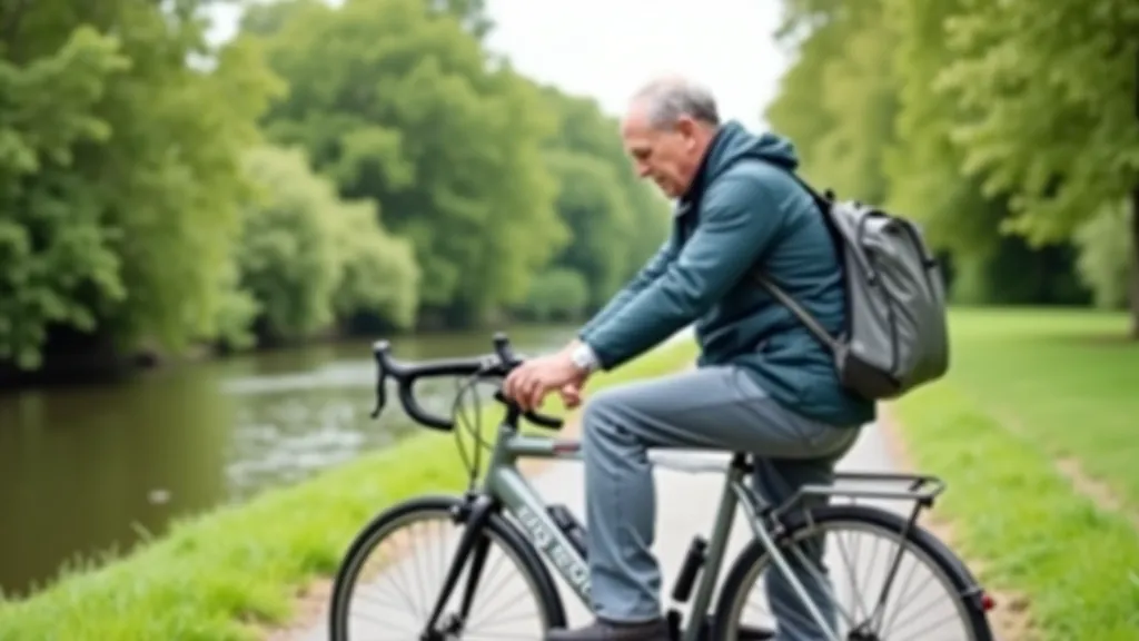 Senior cyclist checking bike maintenance on a canal route